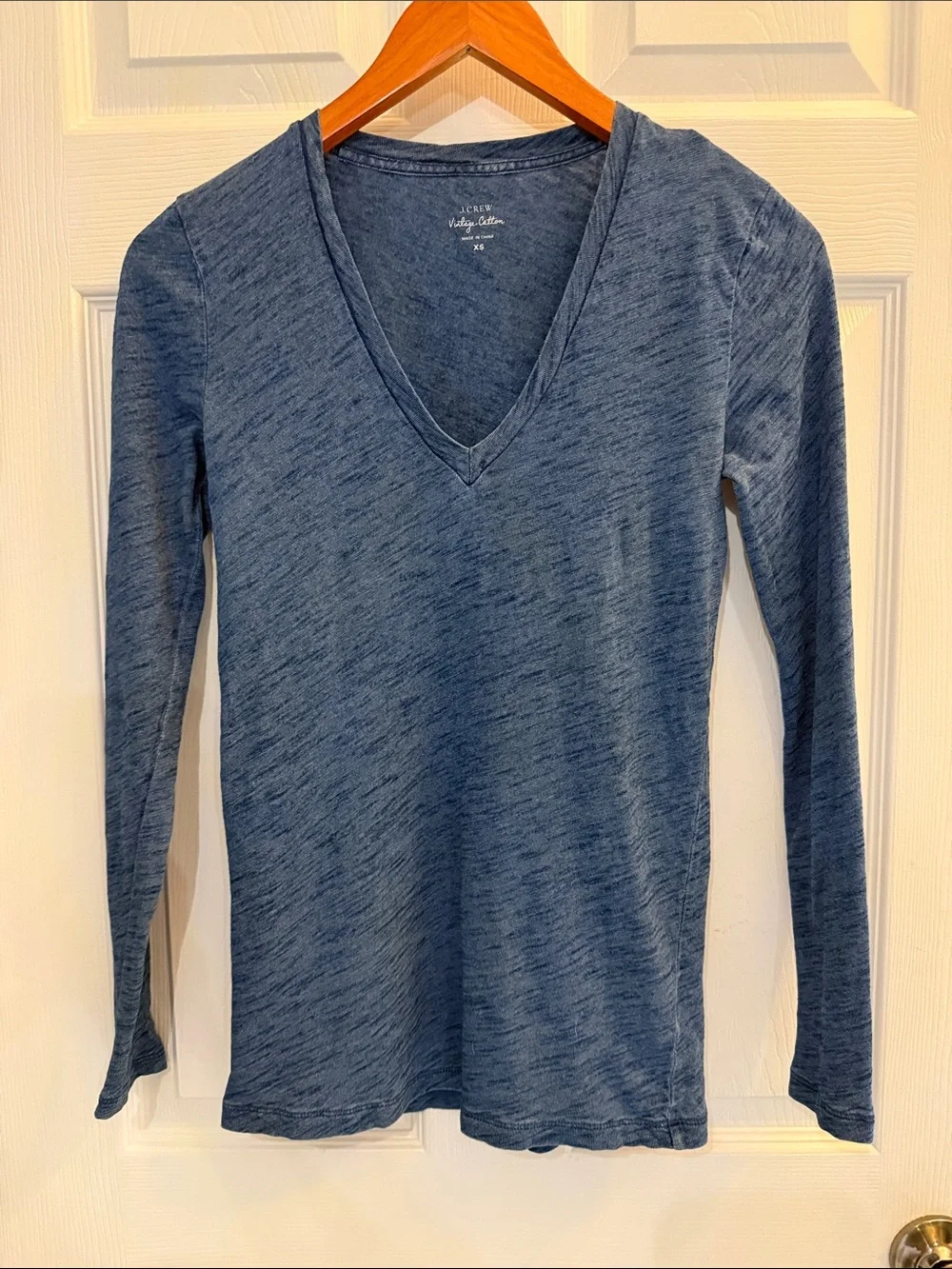 J. Crew Vintage 100% Cotton Long-Sleeve V-Neck Tee in Dark Heather Blue